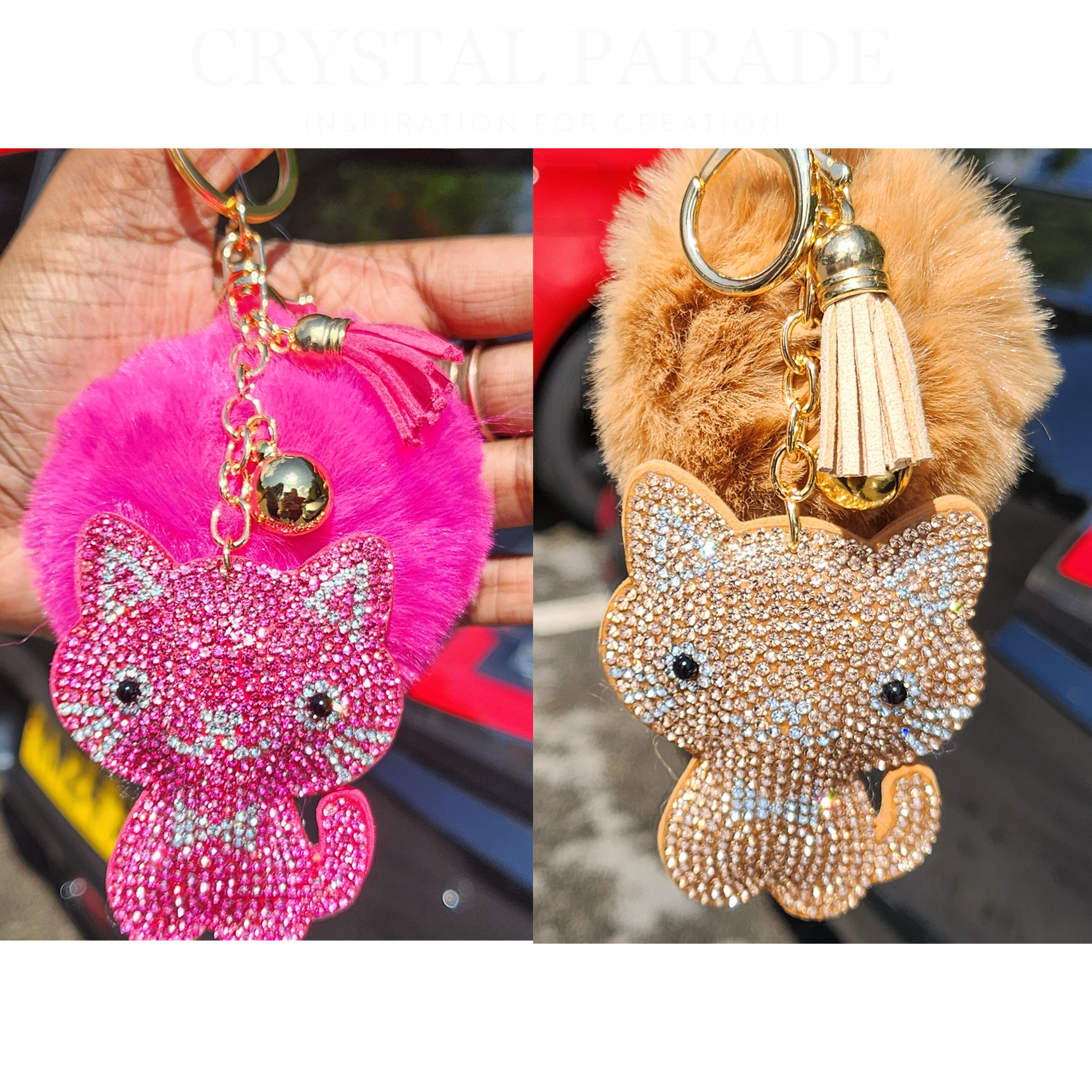 Diamante Cute Cat Key Ring with Fluffy Pom Pom Perfect gift!
