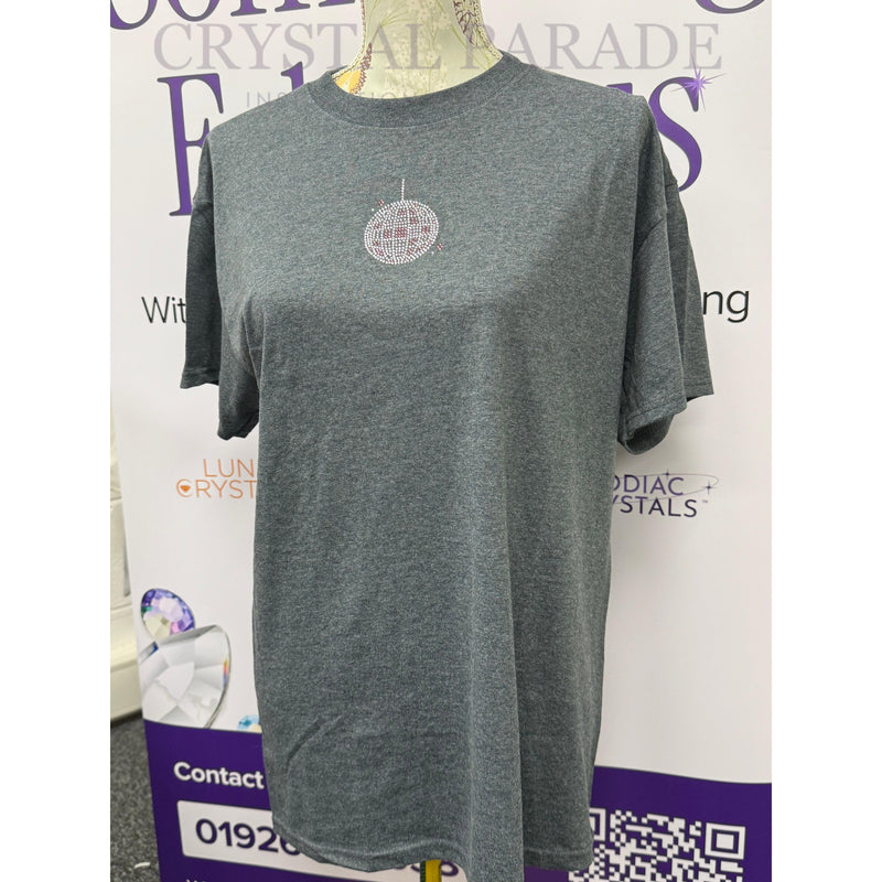 Embellished Pink Disco Ball Grey T-Shirt - Size Medium (16)
