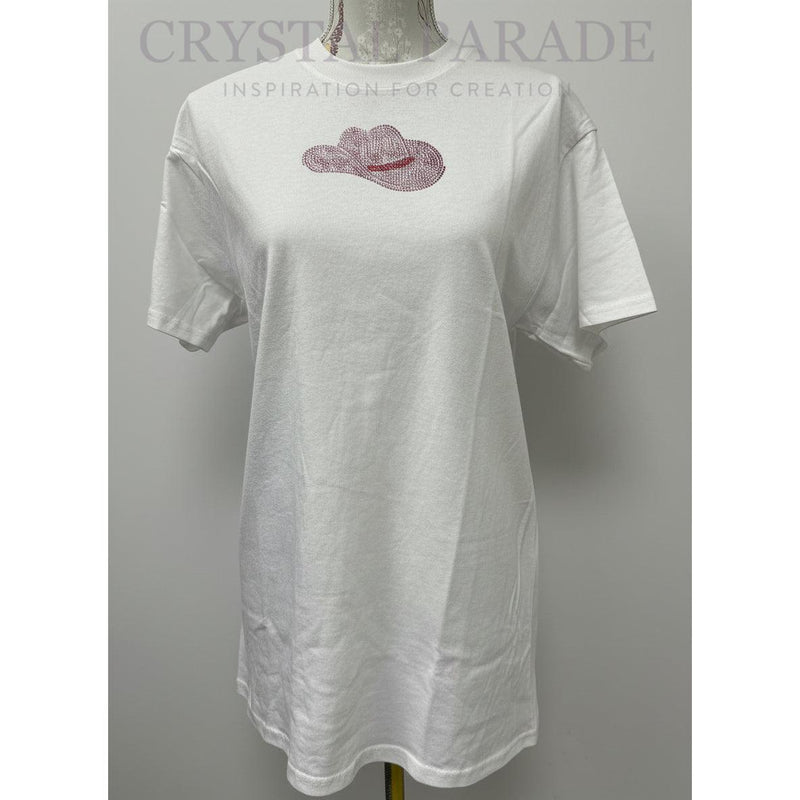 Embellished Pink Cowboy Hat White T-Shirt - Size Medium