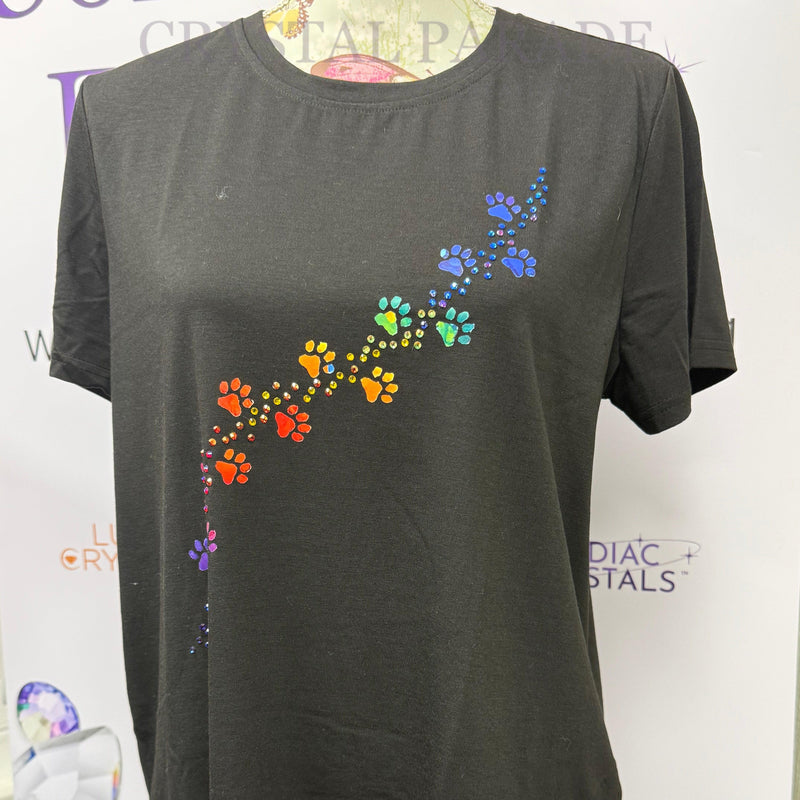 Embellished Rainbow Paw Print T-Shirt Black - Size Large