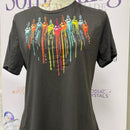 Embellished Rainbow Paw Print Heart T-Shirt Black - Size Large