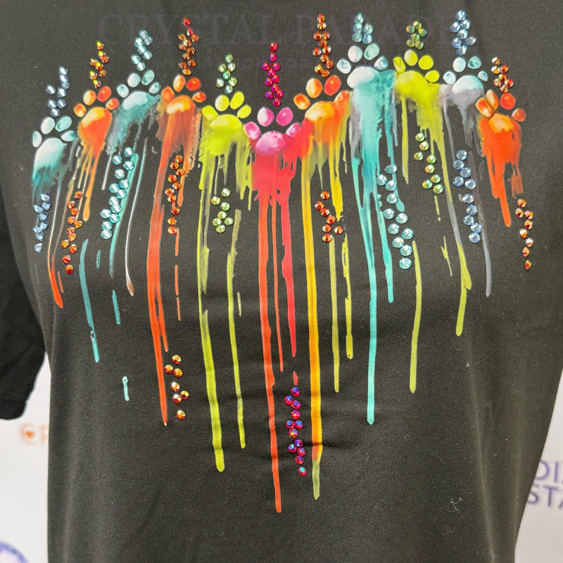 Embellished Rainbow Paw Print Heart T-Shirt Black - Size Large