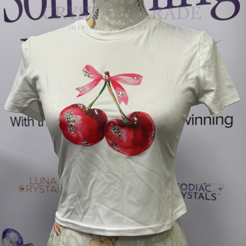 Embellished Cherry Bow T-Shirt White - Size Small (8)