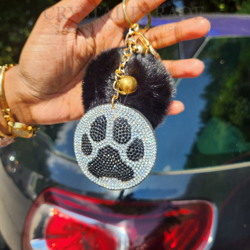 Diamante Paw Print Key Ring with Pom Pom