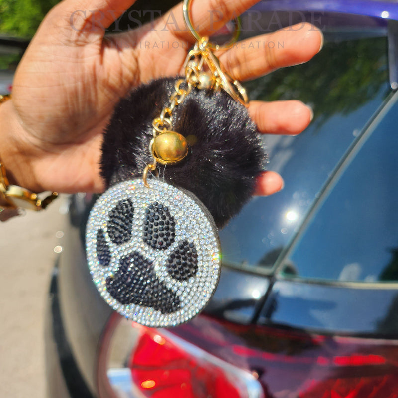 Diamante Paw Print Key Ring with Pom Pom