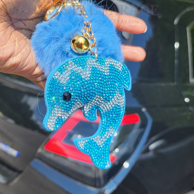 Diamante Dolphin Keyring with Pom Pom