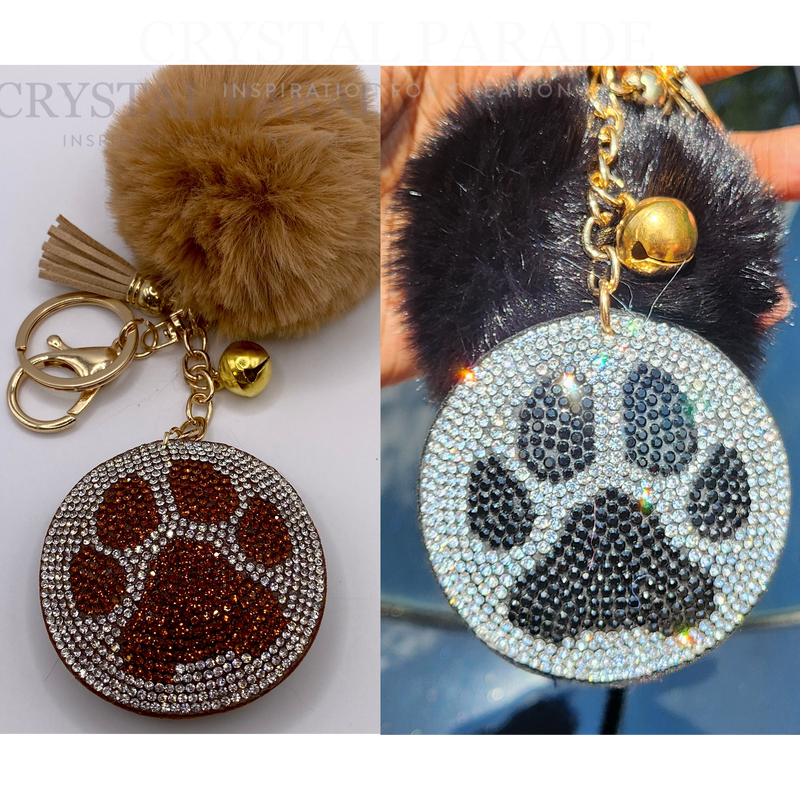 Diamante Paw Print Key Ring with Pom Pom