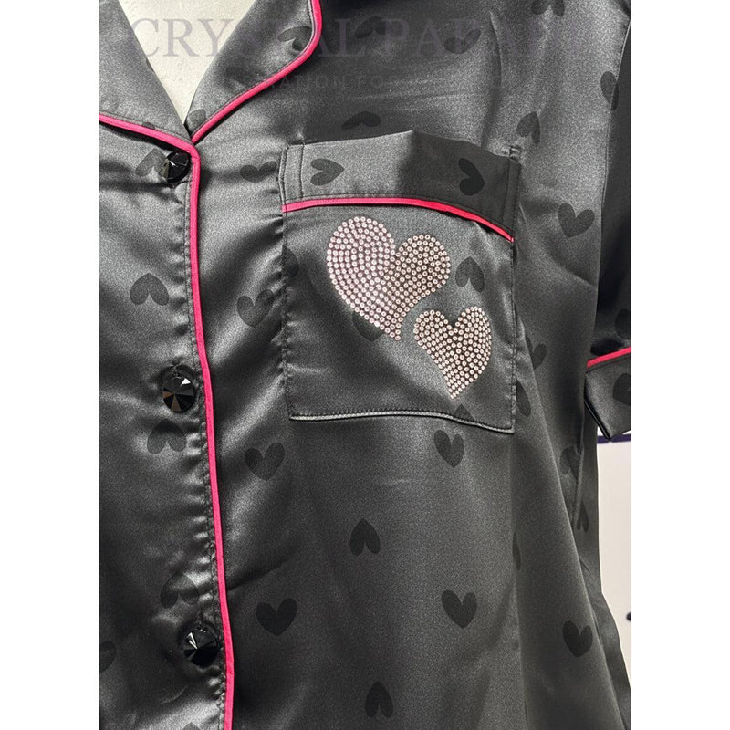 Crystal Parade Black Heart Pyjama Set with Rhinestone Love Hearts