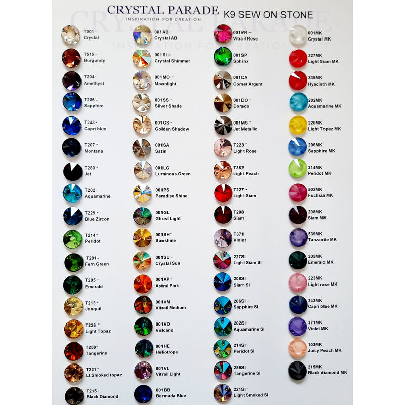 Zodiac Sew on Stones Colour Chart