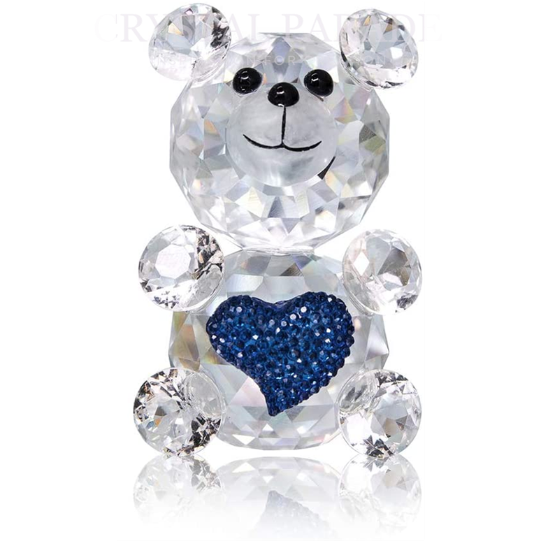 Crystal Glass Teddy Bear with Blue Diamante Heart Figurine