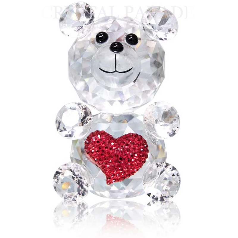 Crystal Glass Teddy Bear with Red Diamante Heart Figurine